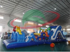 Outdoor Kids And Adults Play Inflatable Obstacle Course With Small Slide